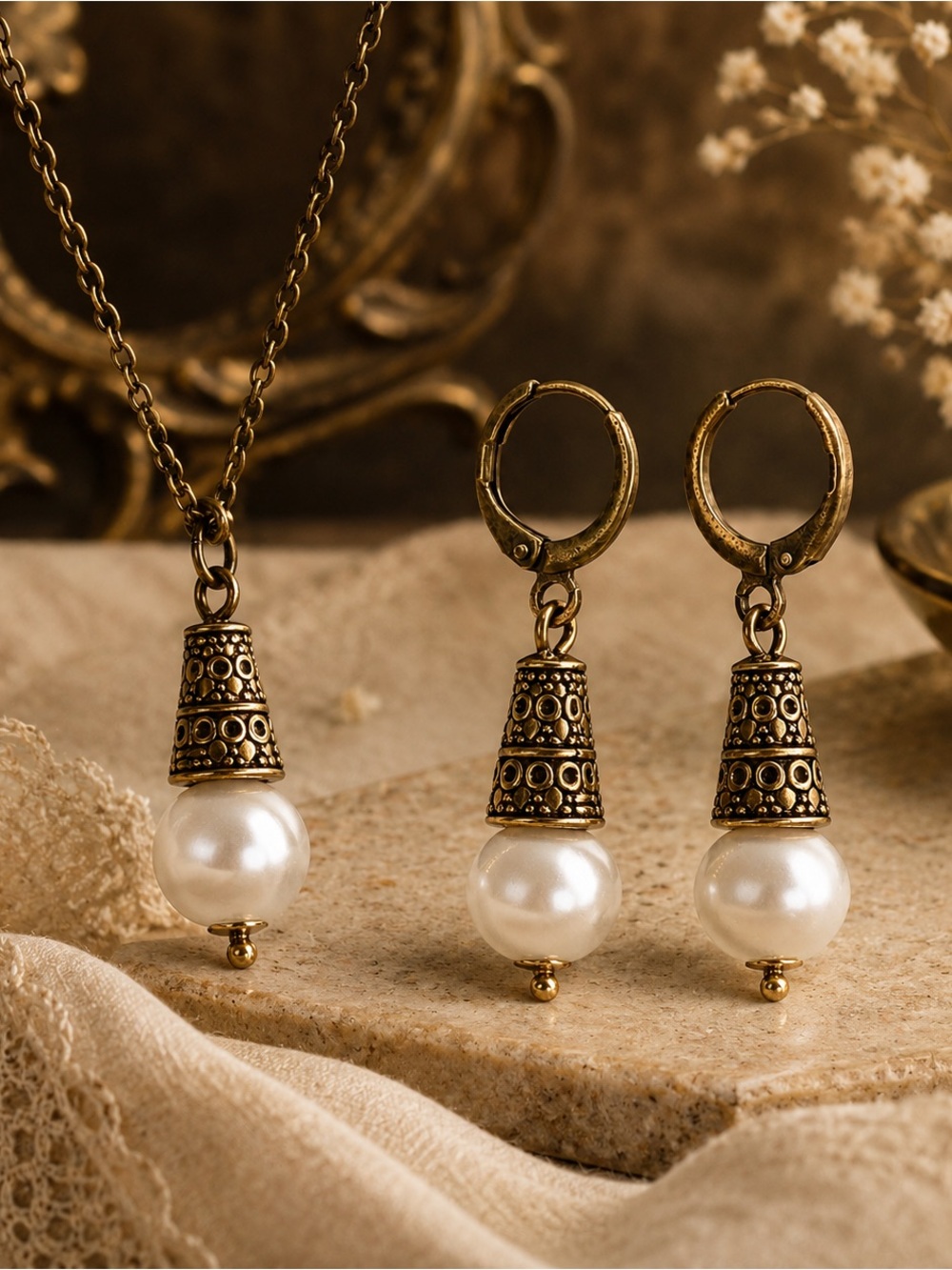 Vintage Pearl Necklace & Earrings Set, Romantic Antique Brass Jewelry